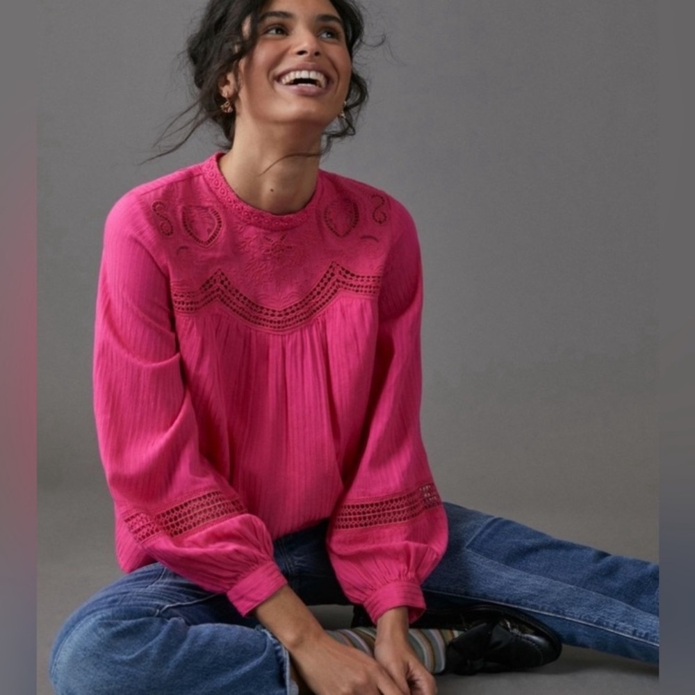 Anthropologie Pink Fuchsia Embroidered Balloon Sleeve Blouse Cottage Girly Small